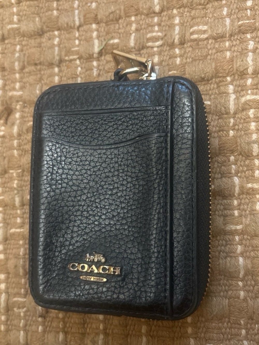 Coach Black Pebbled Leather Zip Card Holder with Gold Logo